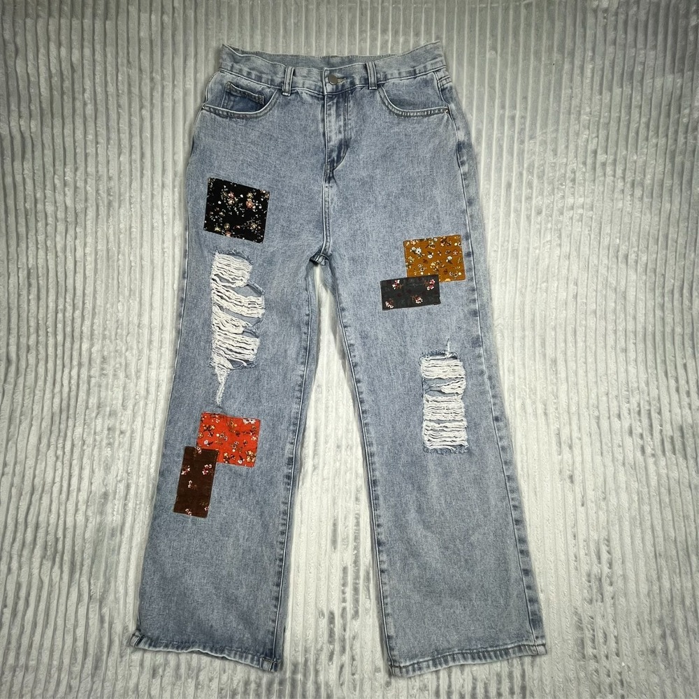 Cider Distressed Patchwork High Rise Wide Leg Jeans Women's XL 30x28 Preppy Boho